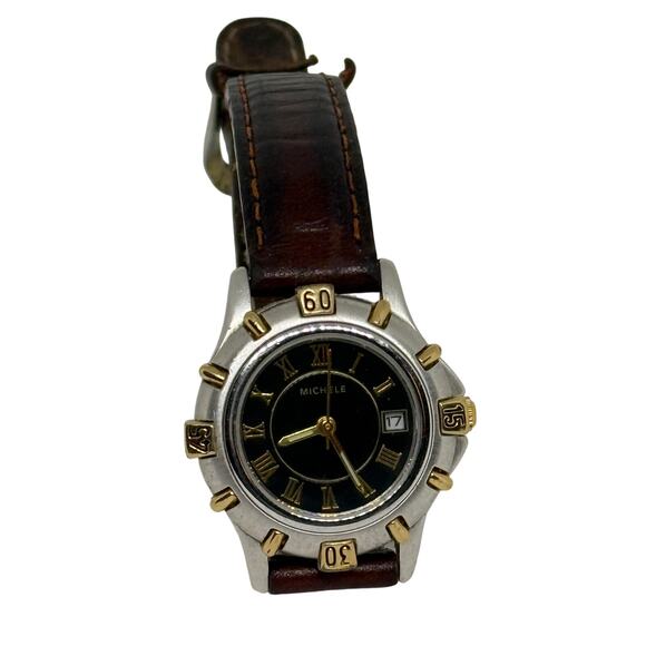 Michele 72-273-SG Two-Tone Quartz Watch – Black Dial, Leather Band, Date - Picture 1 of 8